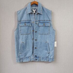 Y2K Studded Denim Vest Womens S Moto Biker Festival Streetwear Layering Rocker